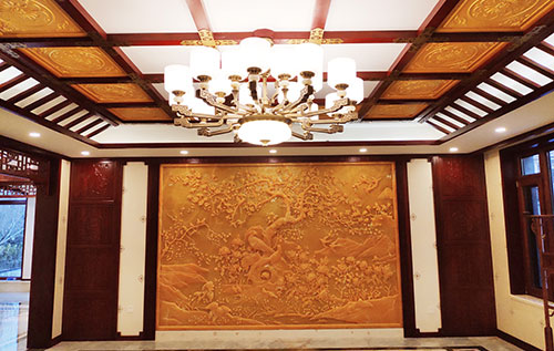 黄平中式别墅客厅中式木作横梁吊顶装饰展示